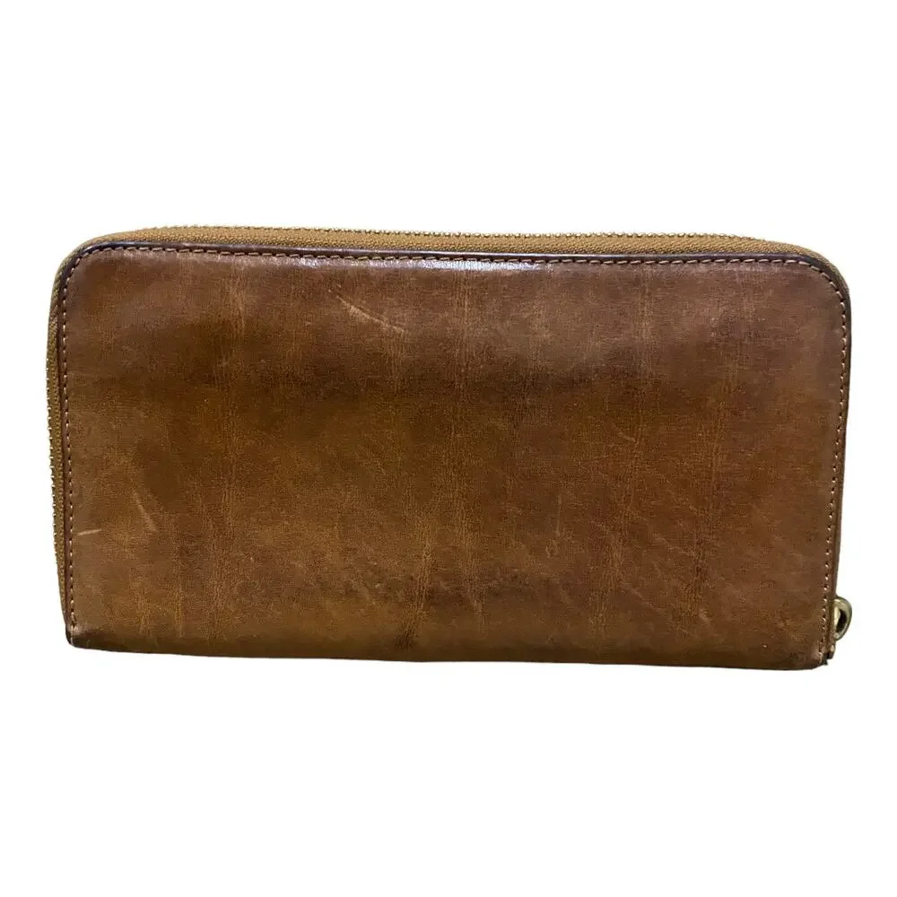 Tory Burch Continental Wallet Briwn Leather Zip Around Gold Logo Designer